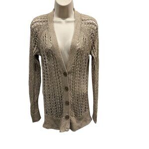 Talbots Womens Open Knit Linen Cardigan Sweater Beige Button Front Size M